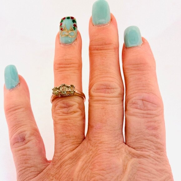 Estate 925 Sterling Silver Triple Green Gemstone Ring Size 6.5 Vintage Jewelry - Picture 6 of 11